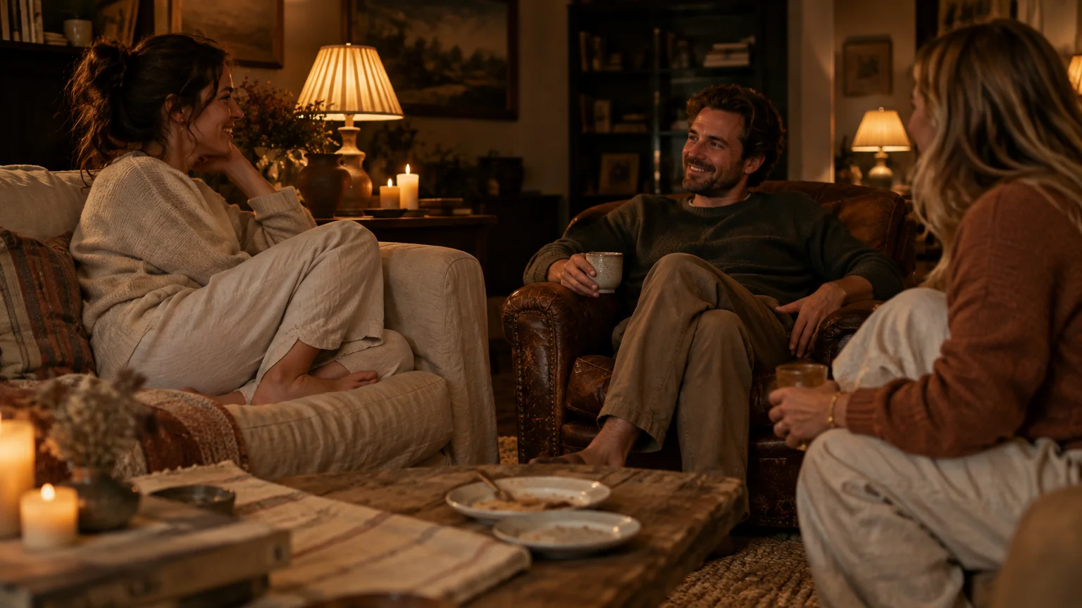 Three adults relaxing and chatting in armchairs around a rustic coffee table in a warmly lit, cozy living room.