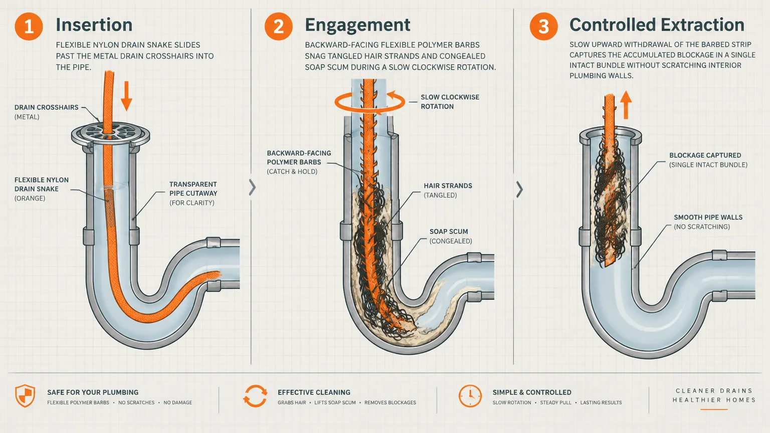 Three-step diagram showing a barbed orange drain snake inserting, rotating to hook hair, and extracting from a pipe cutaway.