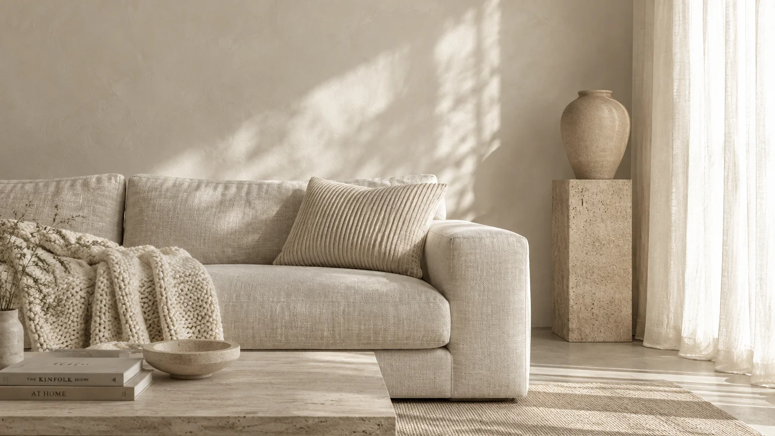 Cream sofa with knit throw blanket in a minimalist warm white living room with travertine stone table and pedestal.