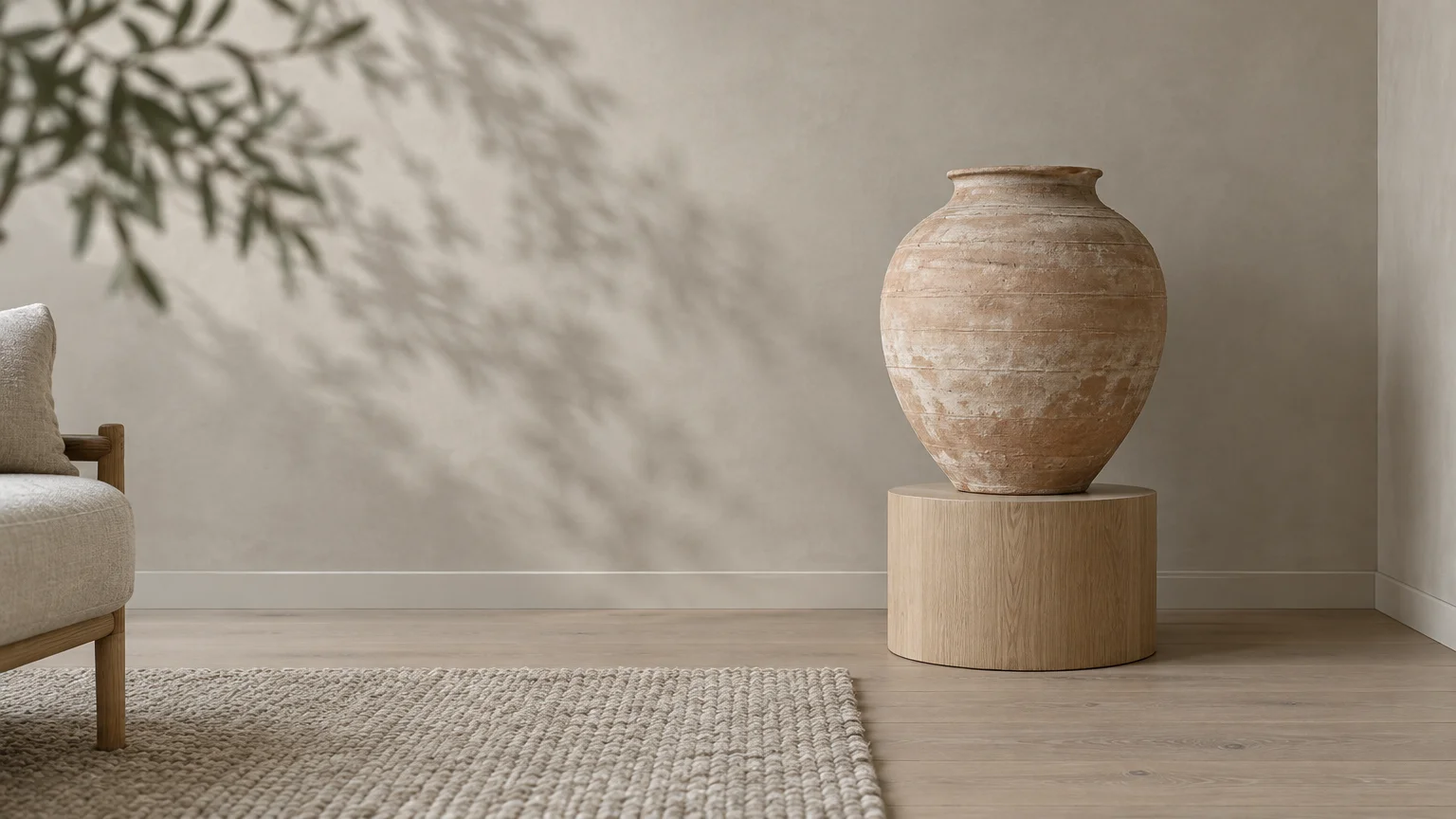 Large weathered terracotta vase atop a wooden plinth against a pale greige wall with plant shadows.