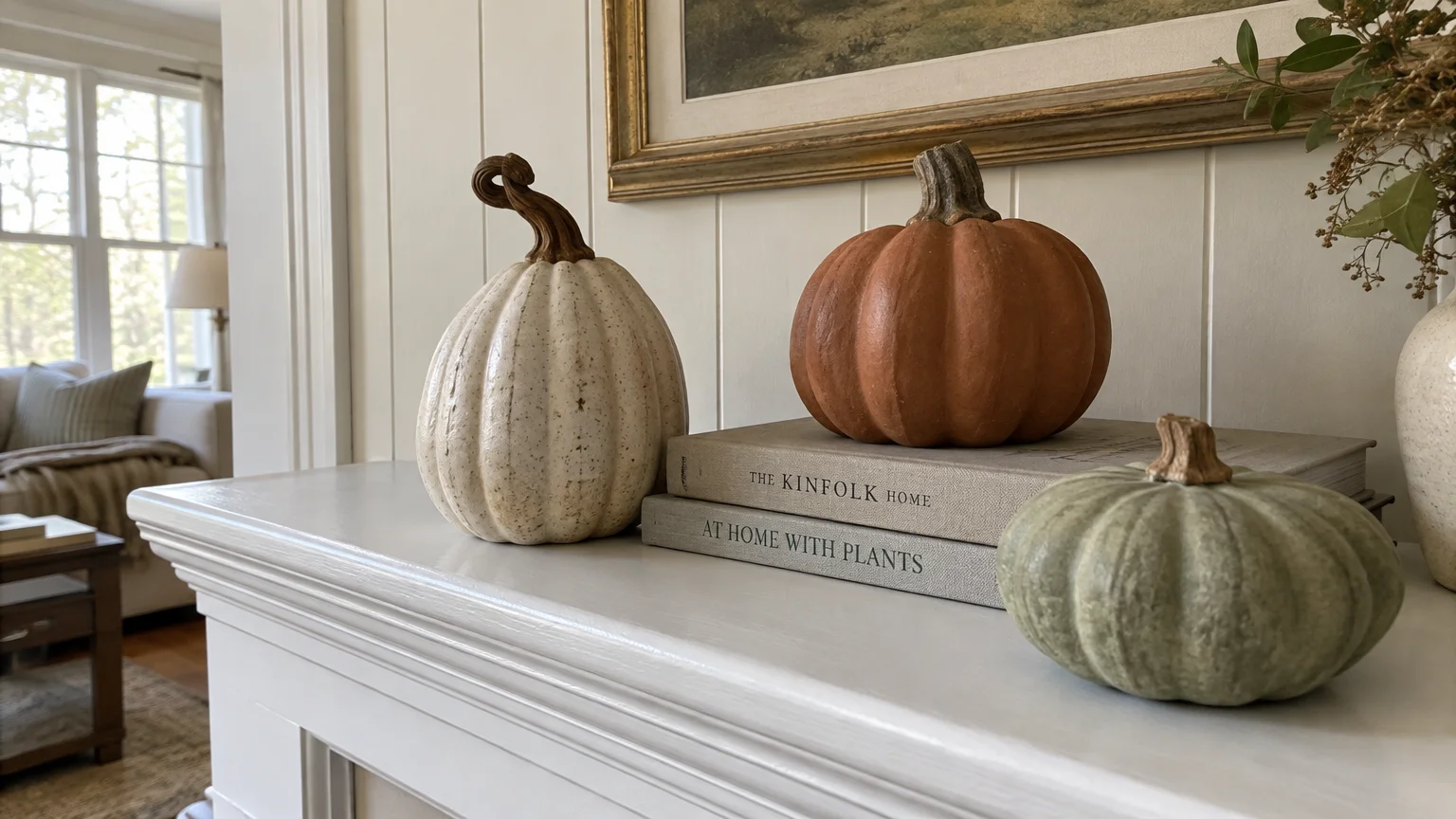 Three decorative ceramic pumpkins in cream, terracotta, and green sit on a white mantel beside stacked books.