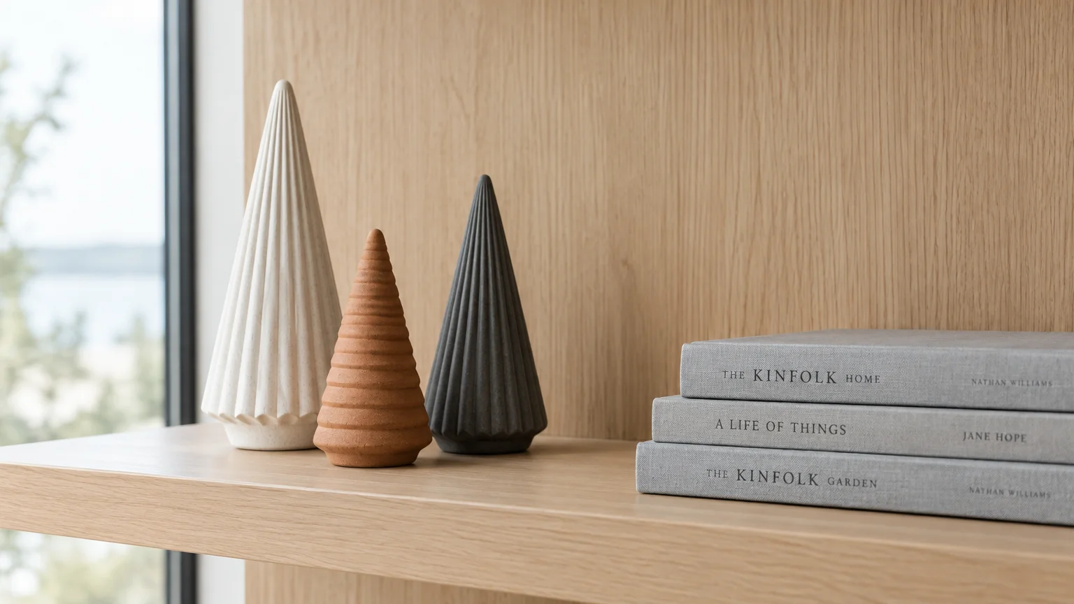 Three ceramic conical tree sculptures in white, terracotta, and black sit beside a stack of books on a light wood shelf.