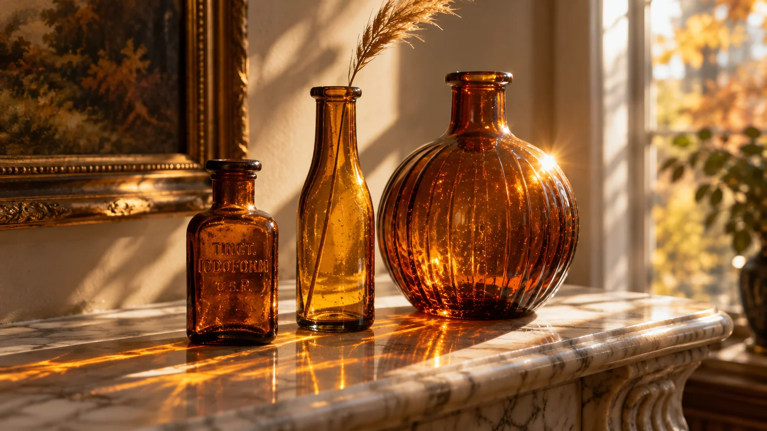 Three amber glass bottles and vases sit on a marble mantelpiece, glowing in bright sunlight beside a window.