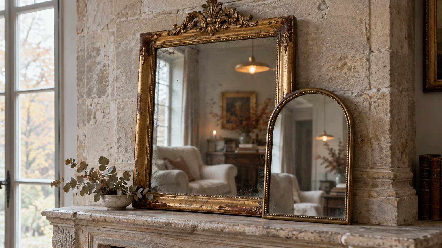 Two vintage mirrors in ornate gold frames leaning on a stone mantelpiece.