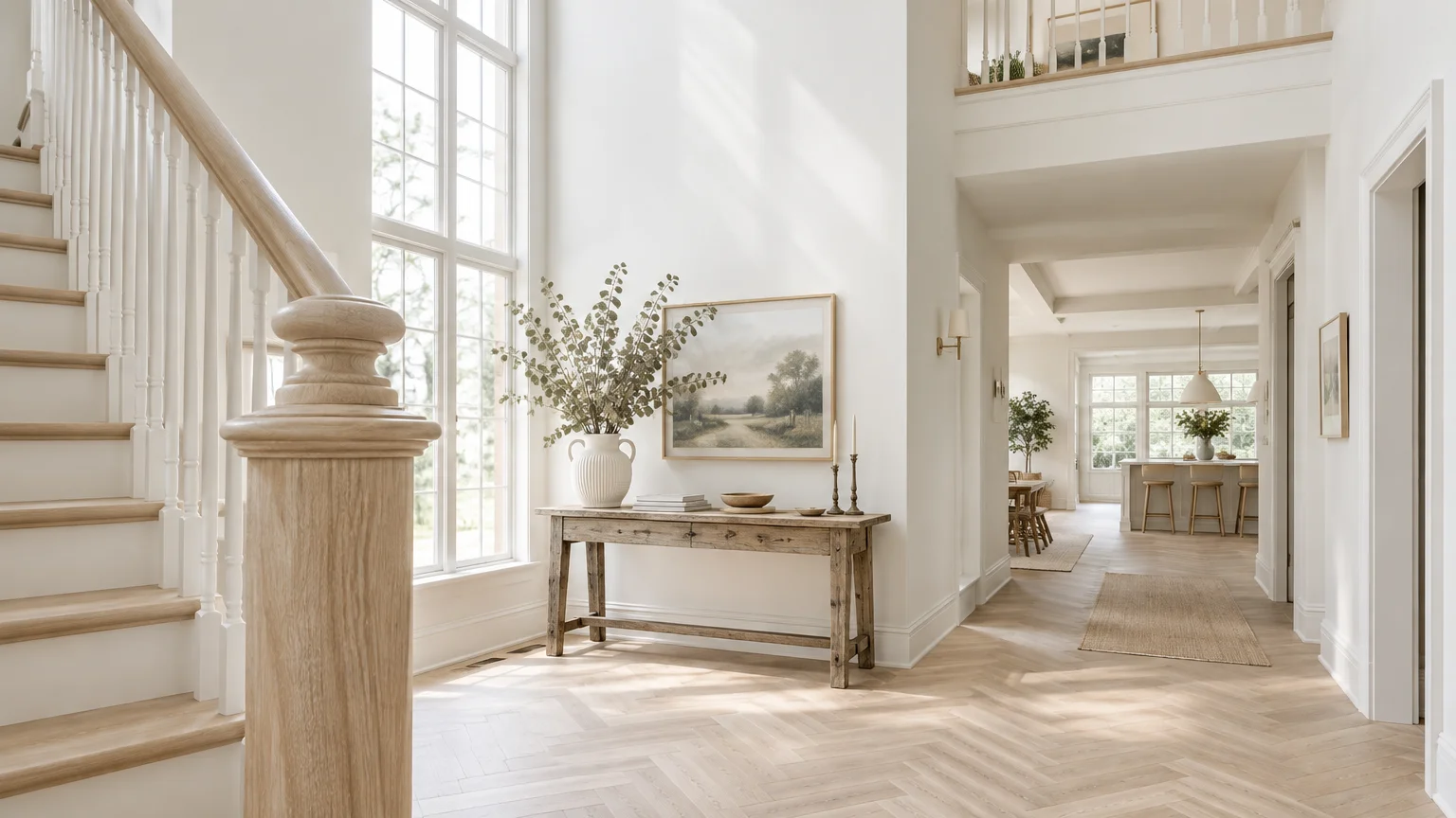 Bright two-story entryway with white walls, herringbone wood floors, a rustic console table, and a wooden staircase.
