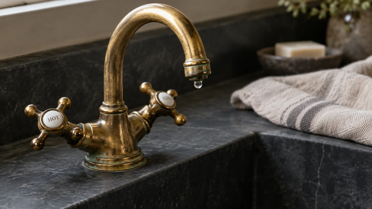An aged brass gooseneck faucet with cross handles dripping water into a dark soapstone kitchen sink.
