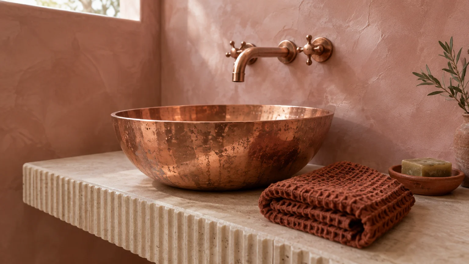 Copper basin sink and wall-mounted faucet set against textured pink plaster walls on a stone vanity.
