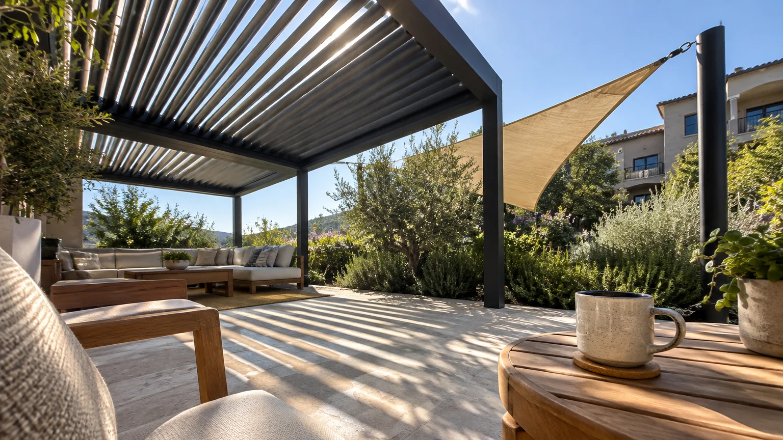 Louvered black pergola and tan shade sail covering an outdoor patio with lounge furniture and plants.