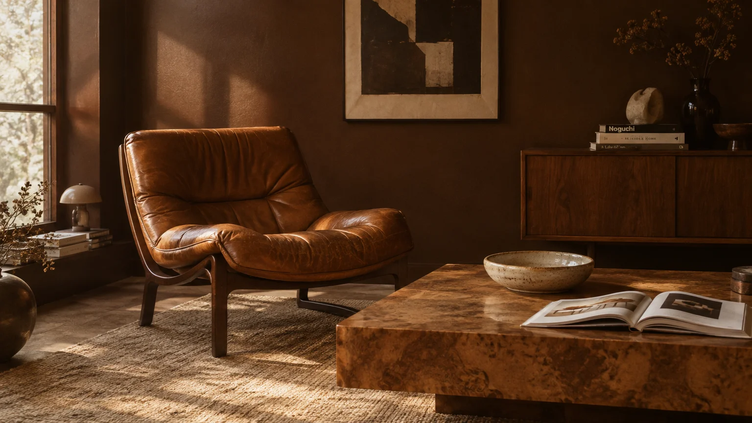Brown living room with a caramel leather armchair, burl wood coffee table, and warm sunlight hitting dark walls.