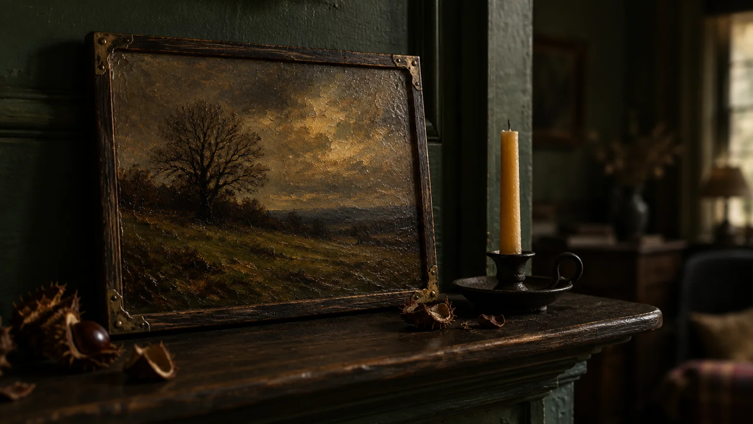 Framed moody landscape oil painting resting on a dark wooden mantel beside a taper candle and chestnuts.
