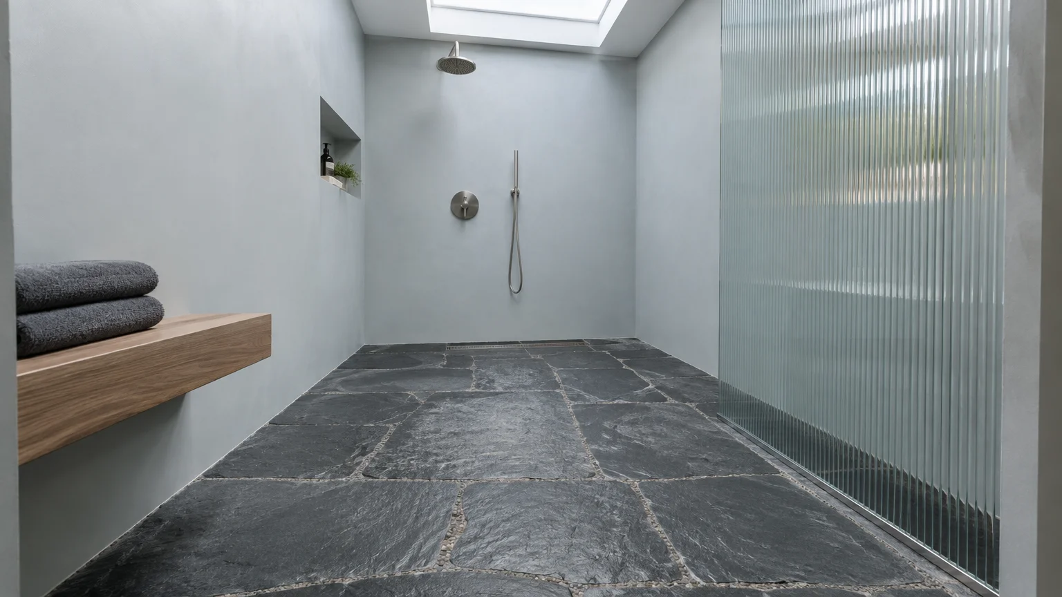 Walk-in shower with dark slate stone flooring, pale gray walls, a wooden floating bench, and a fluted glass partition.