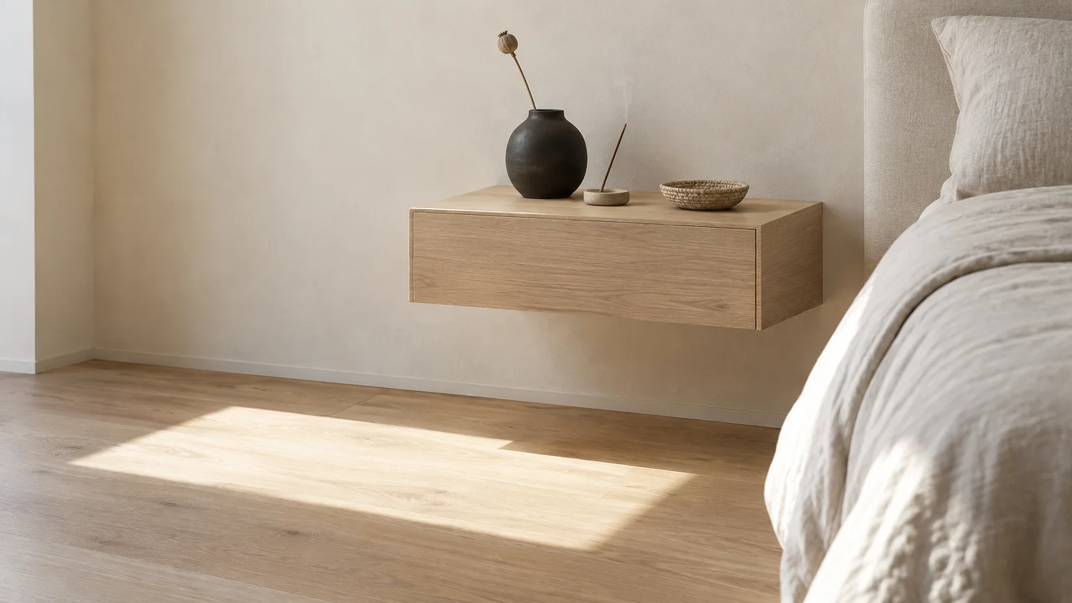 A floating wooden nightstand mounted to a beige wall beside a bed on light wood floors.