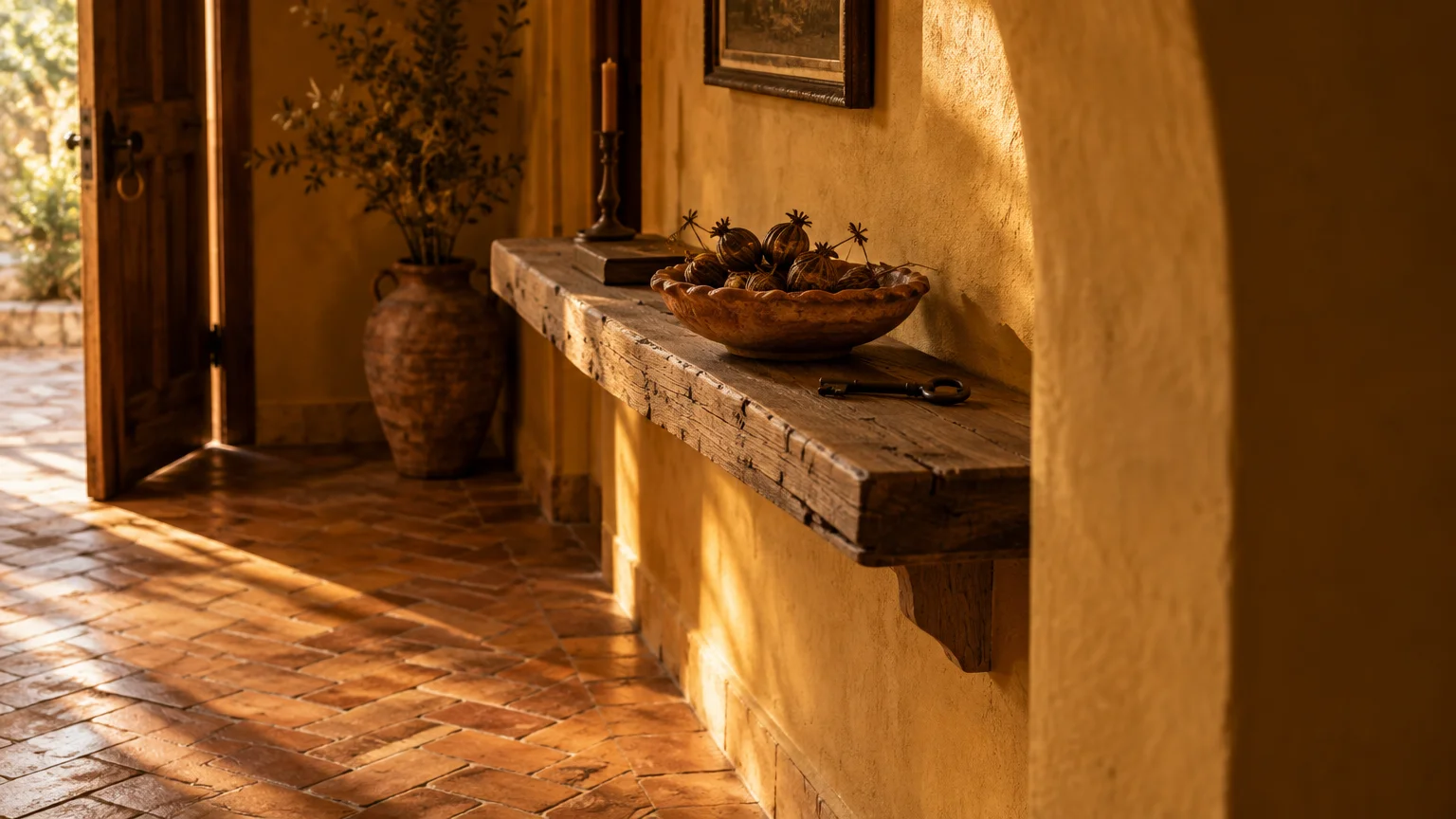 Sunlight illuminates a rustic wooden shelf along a warm yellow wall above herringbone terracotta floor tiles.