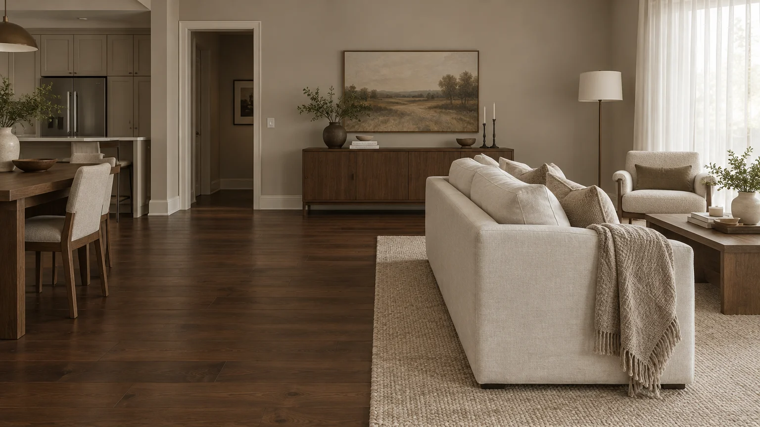 Modern open-plan living room featuring dark wood floors, taupe walls, an off-white sofa, and a dining area.