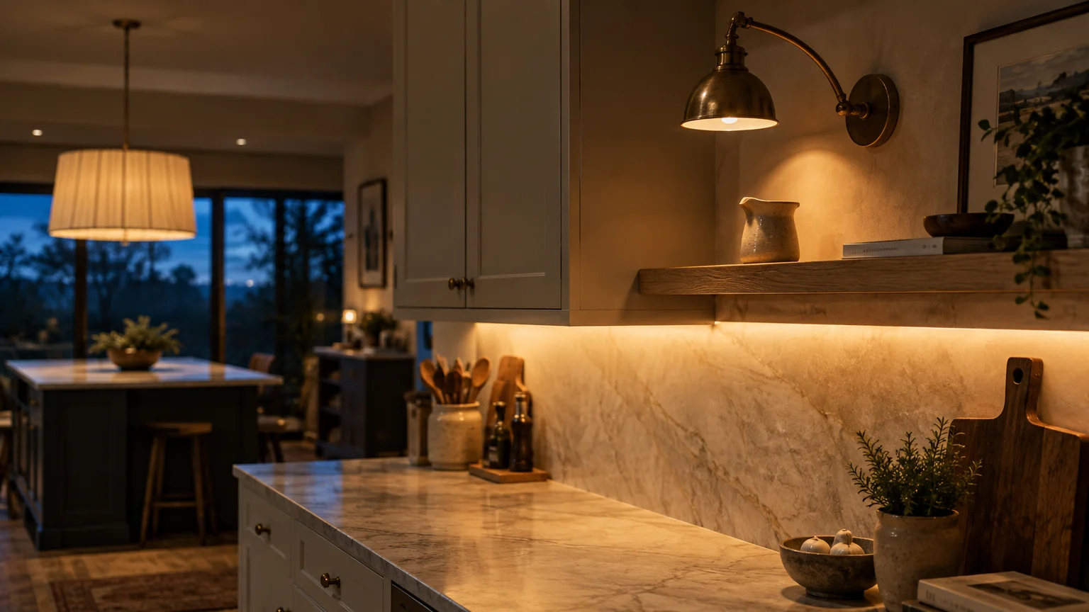 Warm kitchen counter lighting with a brass wall sconce above a floating shelf and under-cabinet strip illumination.