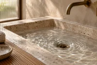 Water swirls into the brass drain of a beige travertine stone sink beneath a wall-mounted brass faucet.