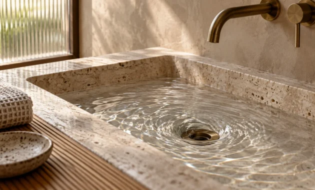 Water swirls into the brass drain of a beige travertine stone sink beneath a wall-mounted brass faucet.