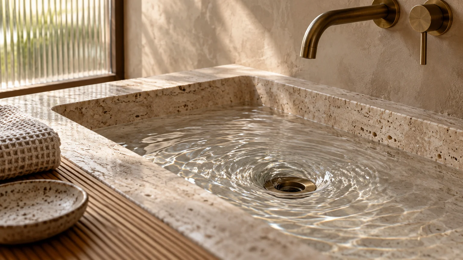 Water swirls into the brass drain of a beige travertine stone sink beneath a wall-mounted brass faucet.