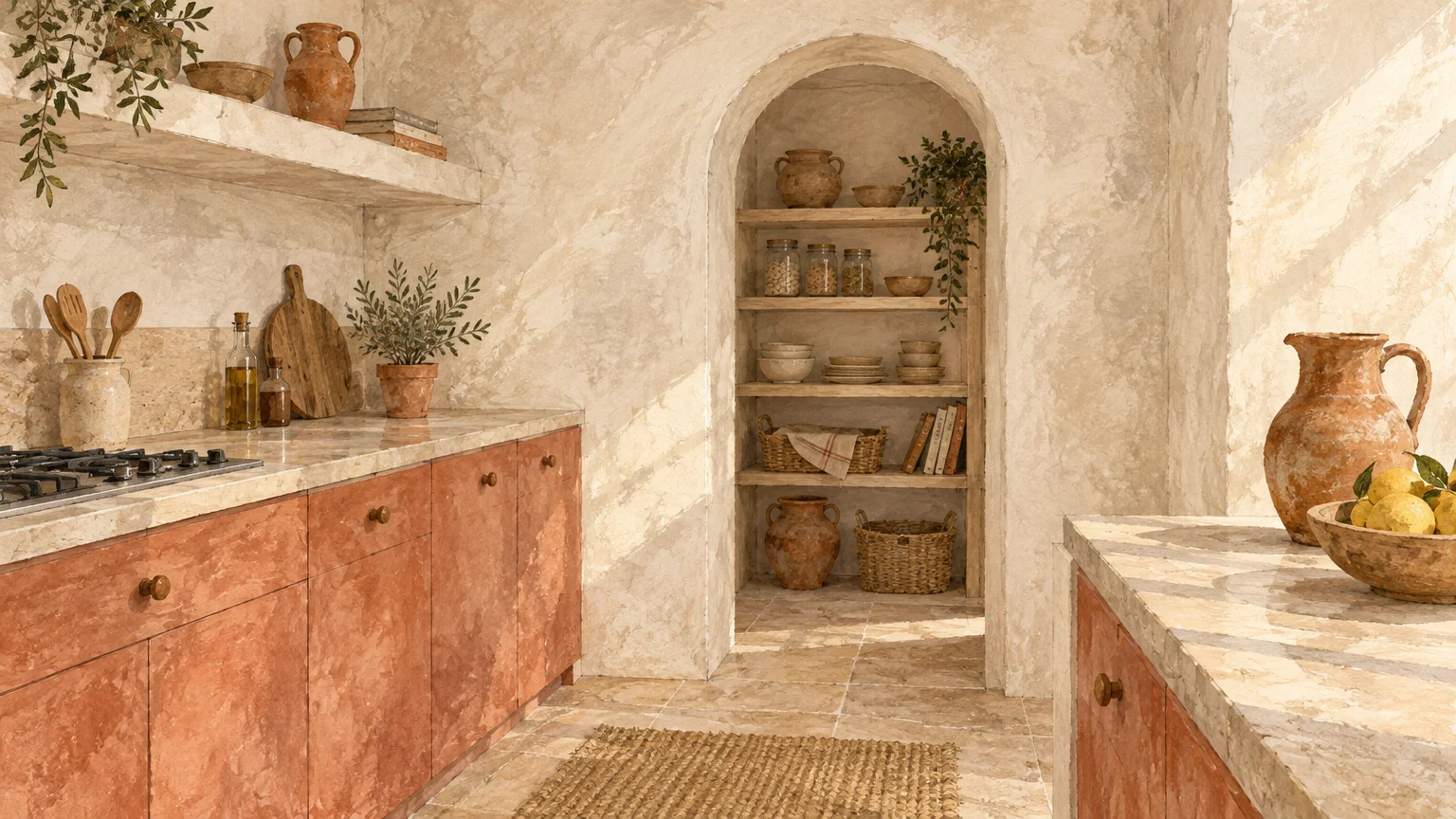 Illustration of a kitchen with terracotta cabinets, textured plaster walls, arched pantry shelving, and rustic pottery.
