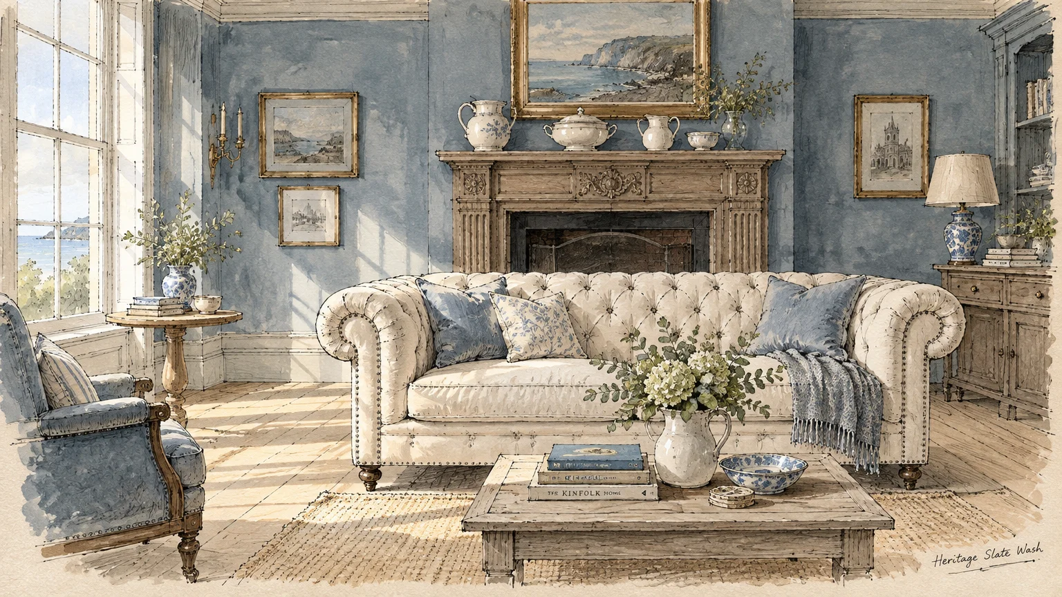 Watercolor illustration of a tufted cream sofa in a living room with dusty blue walls and a carved wood fireplace.
