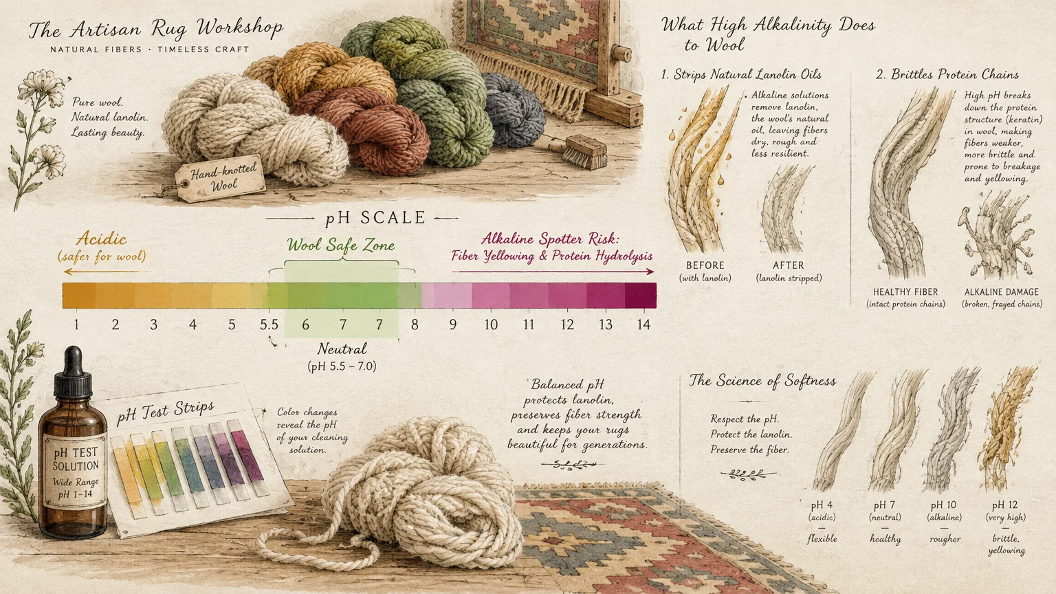 Illustrated chart of a wool pH scale, yarn skeins, pH test strips, and diagrams showing alkaline fiber damage.