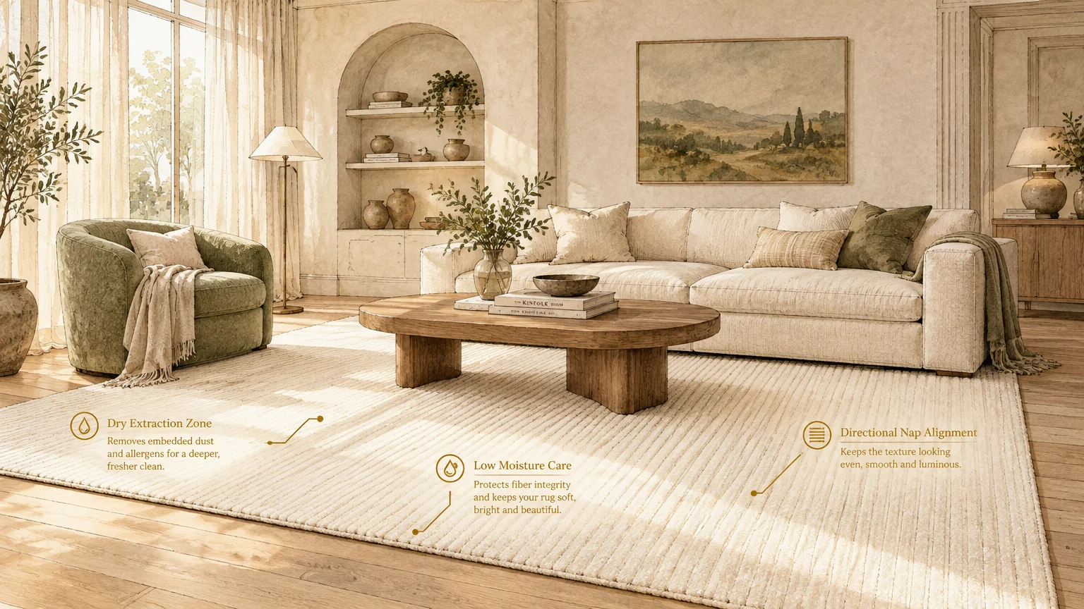 Warm living room illustration with a ribbed cream area rug, sofa, wooden coffee table, and carpet care callout labels.