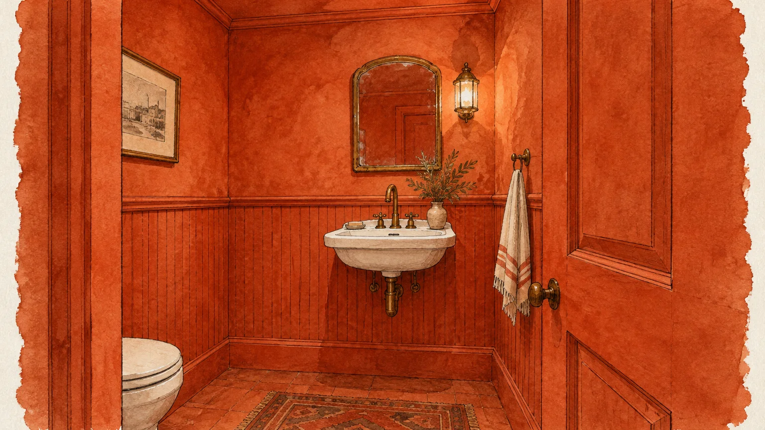 Watercolor illustration of a powder room with deep terracotta walls, ceiling, wood paneling, sink, and mirror.