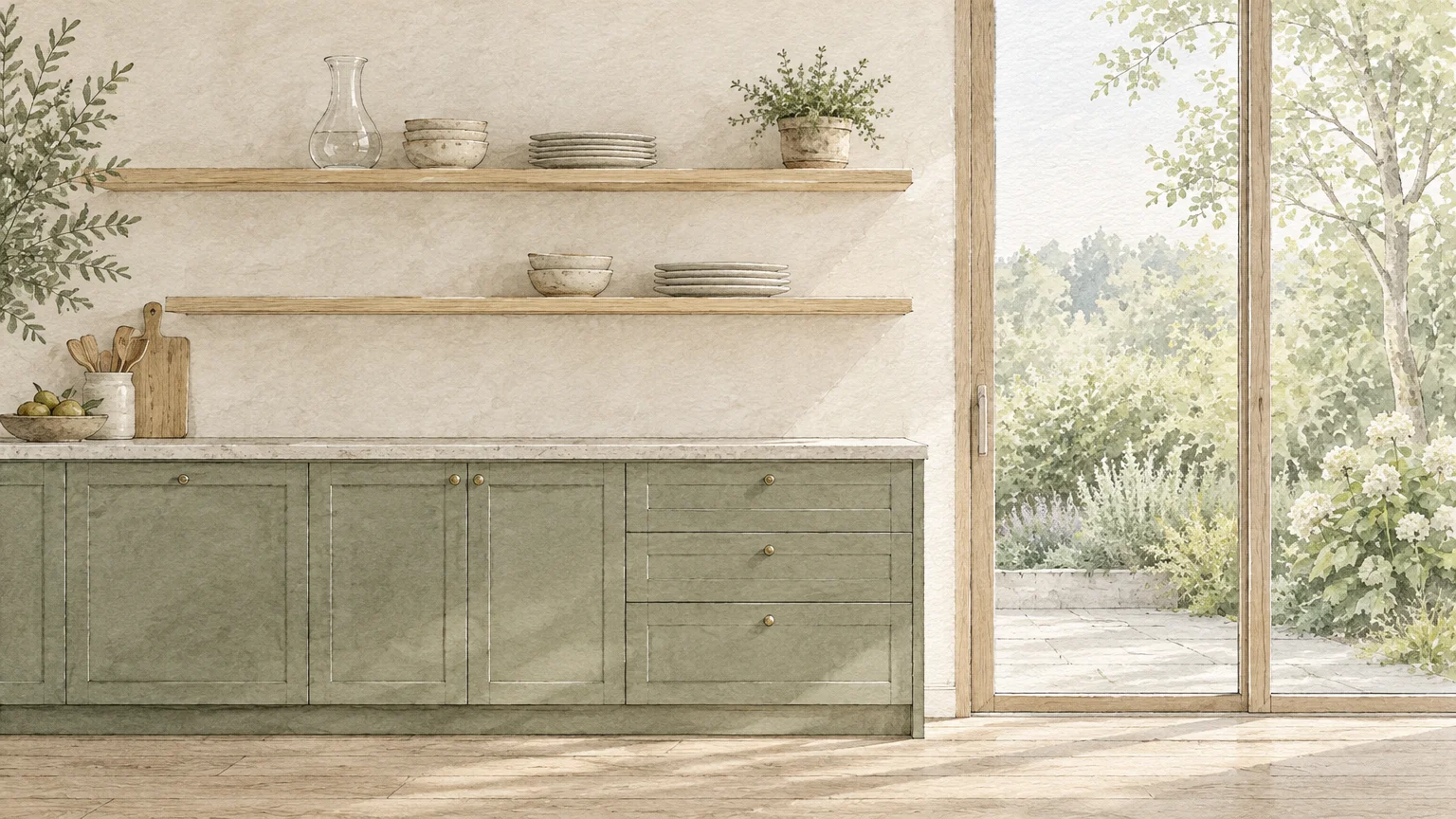 Watercolor illustration of pale sage kitchen cabinets, open wooden shelves with dishes, and glass doors opening to a garden.
