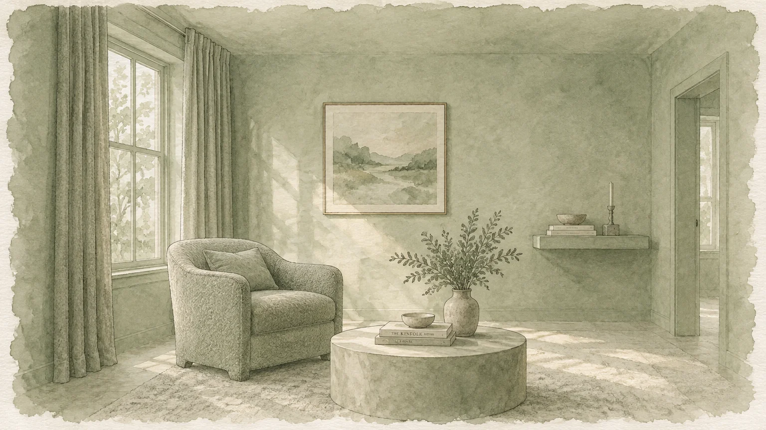 Green watercolor sketch of a living room with an armchair, round coffee table, window curtains, and framed wall art.