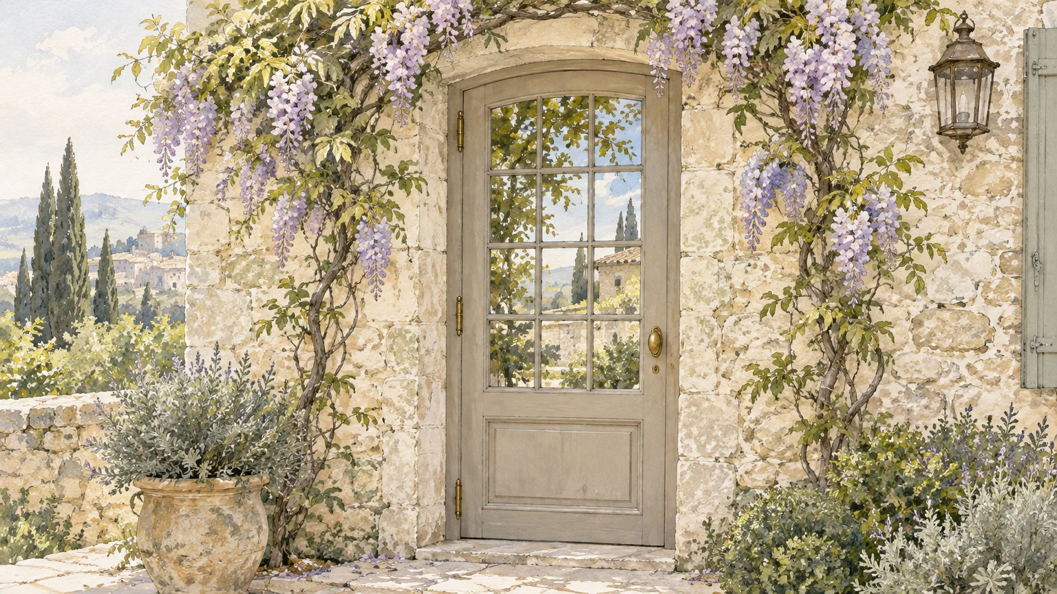 Illustration of a rustic stone entryway with an arched greige door surrounded by blooming purple wisteria vines.