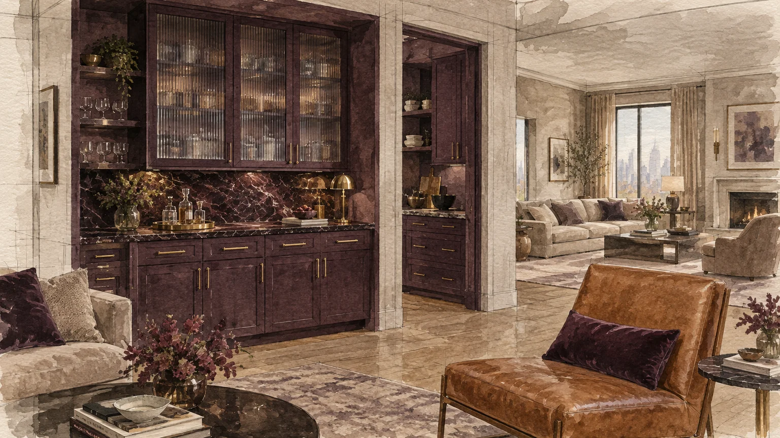 Architectural sketch of deep plum bar cabinets and marble counters opening into an elegant, sunlit living room.
