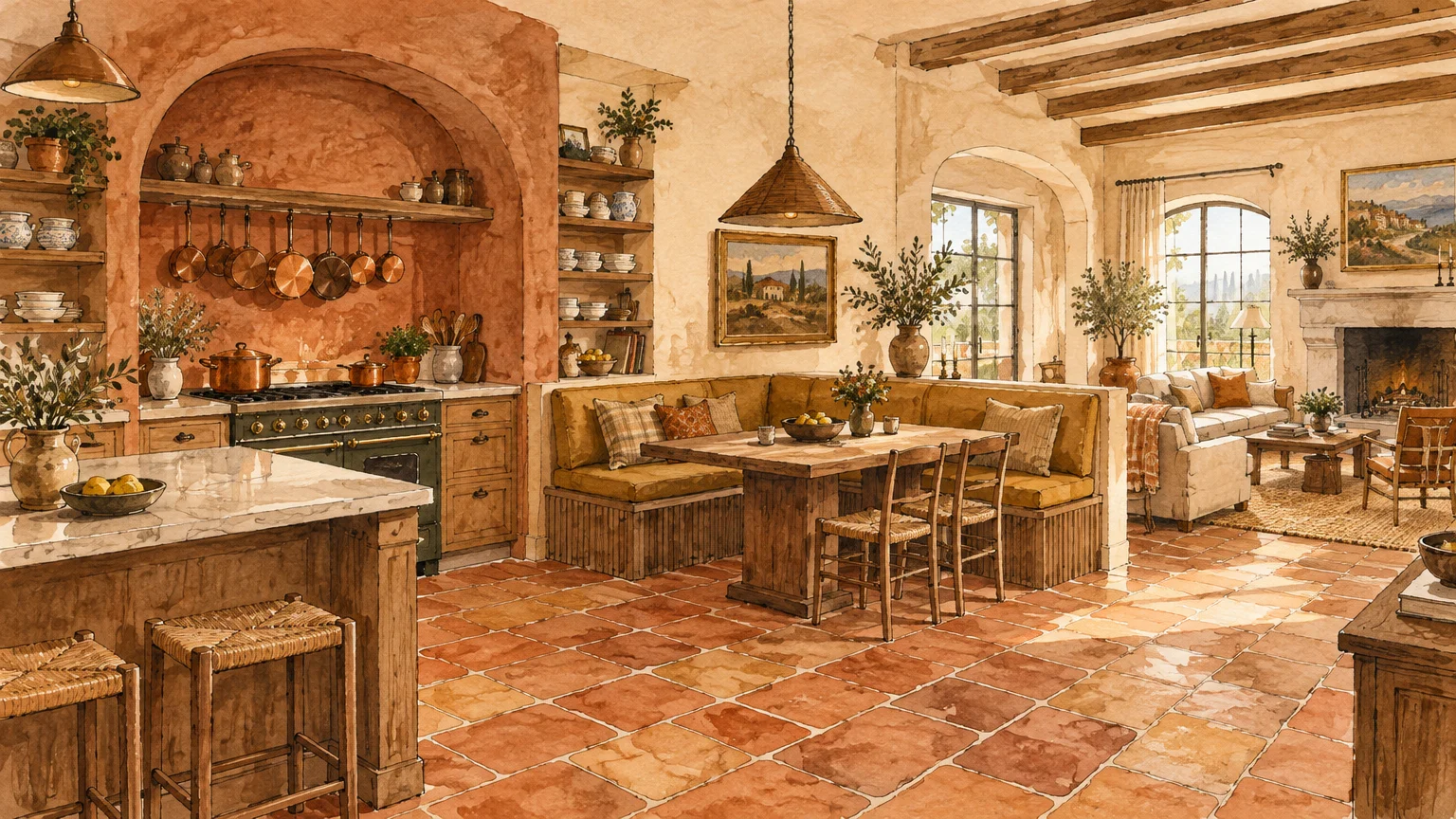 Watercolor illustration of a rustic open kitchen and dining nook with terracotta floor tiles and arched cooking alcove.