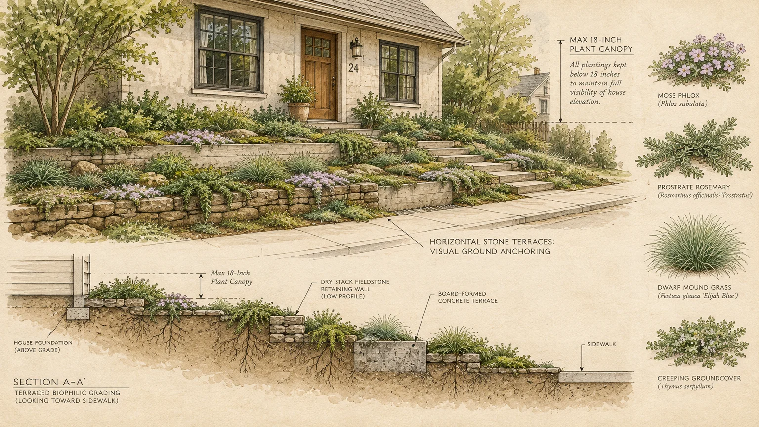 Architectural illustration of a terraced stone front yard landscape design with a cross-section diagram and plant callouts.