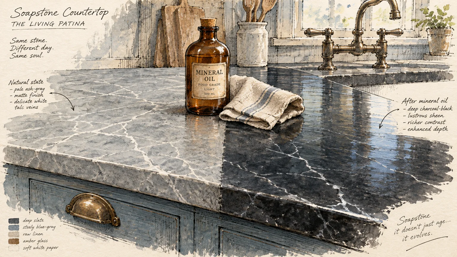 Split illustration of a soapstone countertop comparing its pale matte natural state to a dark, oiled patina finish.