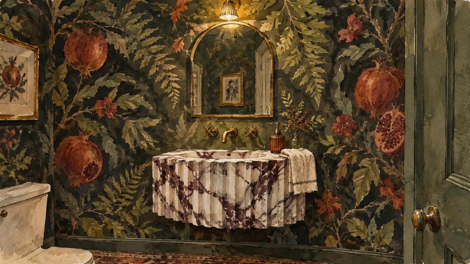 Watercolor illustration of a powder room with pomegranate botanical wallpaper, fluted marble sink, and an arched mirror.