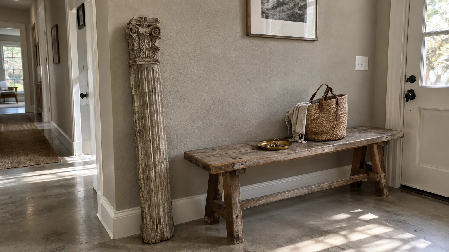 Rustic wooden bench with a woven bag beside a weathered carved column against a greige wall in an entryway.