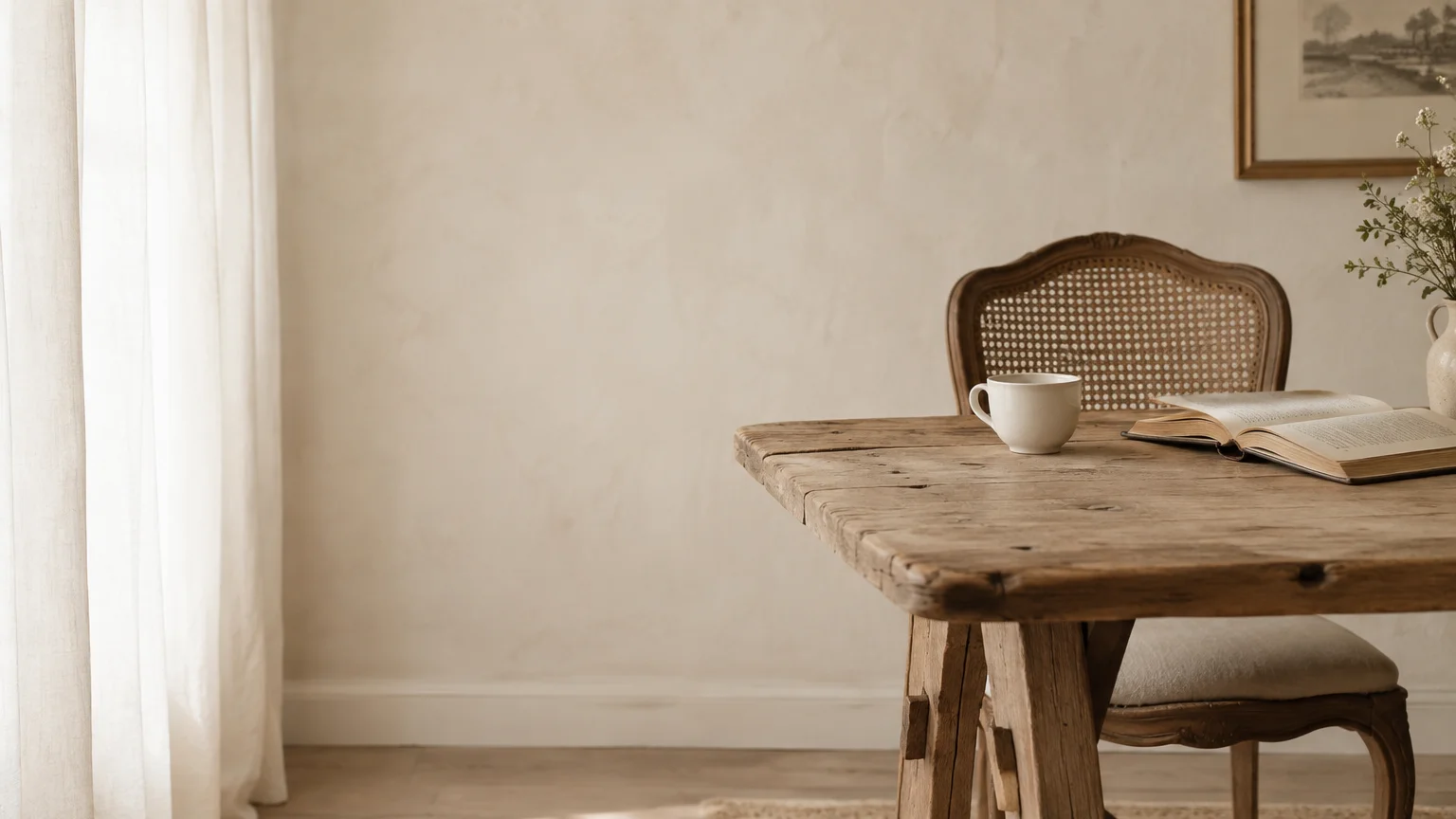 A rustic wooden table and cane-back chair beside an open book and mug against a warm neutral wall.