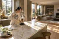 Woman pouring hot water into a pour-over coffee maker at a marble kitchen island overlooking an open living room.