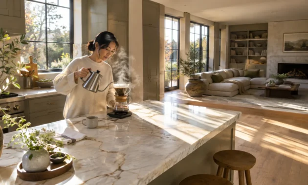 Woman pouring hot water into a pour-over coffee maker at a marble kitchen island overlooking an open living room.
