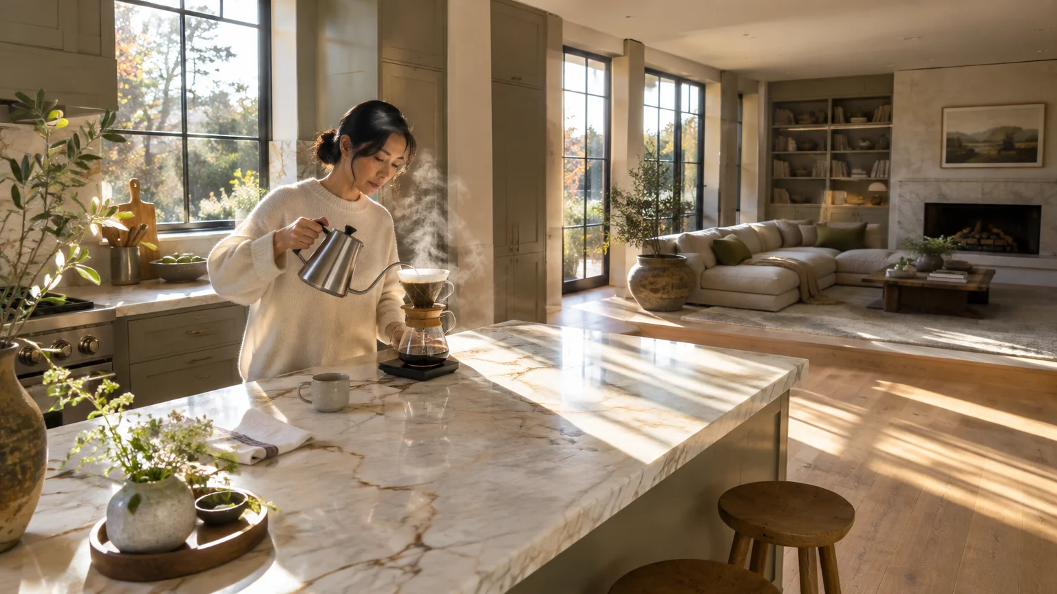 Woman pouring hot water into a pour-over coffee maker at a marble kitchen island overlooking an open living room.
