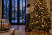 A woman on a wooden stool hangs ornaments on an illuminated Christmas tree inside an elegant living room beside glass doors.