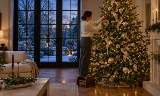 A woman on a wooden stool hangs ornaments on an illuminated Christmas tree inside an elegant living room beside glass doors.