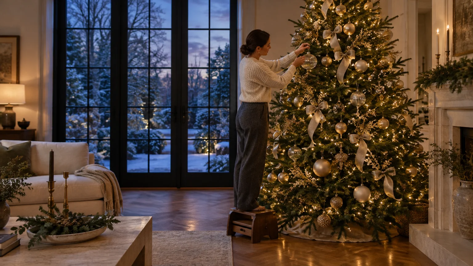 A woman on a wooden stool hangs ornaments on an illuminated Christmas tree inside an elegant living room beside glass doors.