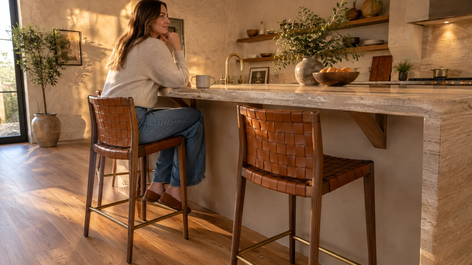 A woman sitting on a woven leather stool at a large stone kitchen island counter with another empty stool nearby.