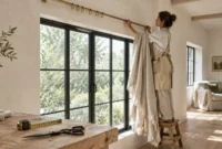 A woman on a step stool adjusts a brass curtain rod above large black-framed windows while holding beige linen drapery.