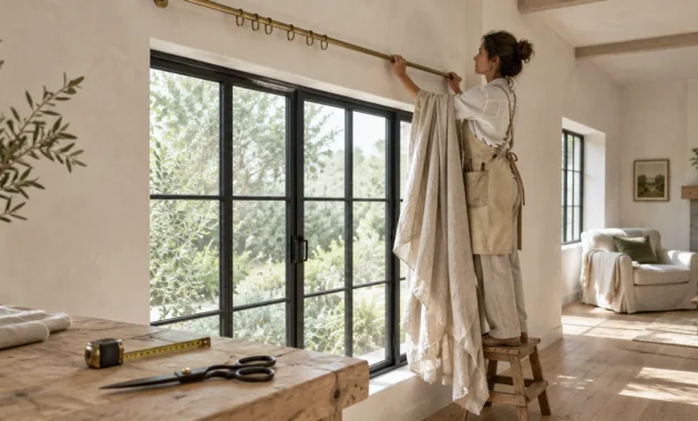 A woman on a step stool adjusts a brass curtain rod above large black-framed windows while holding beige linen drapery.