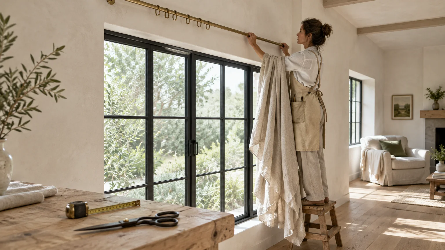 A woman on a step stool adjusts a brass curtain rod above large black-framed windows while holding beige linen drapery.