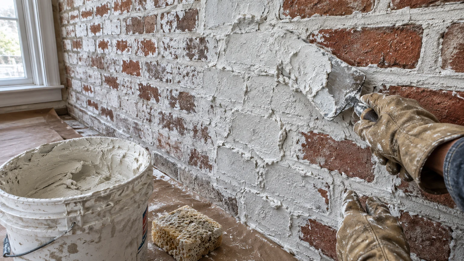 A gloved hand using a trowel to apply thick white mortar over a red brick wall beside a bucket and sponge.
